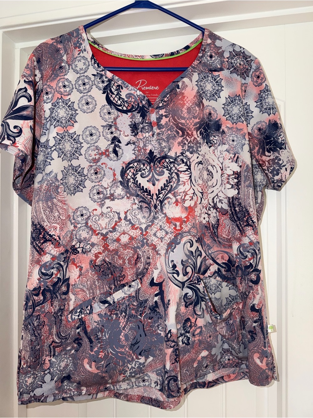 Premier Pink & Navy Printed Short Sleeve Scrub Top